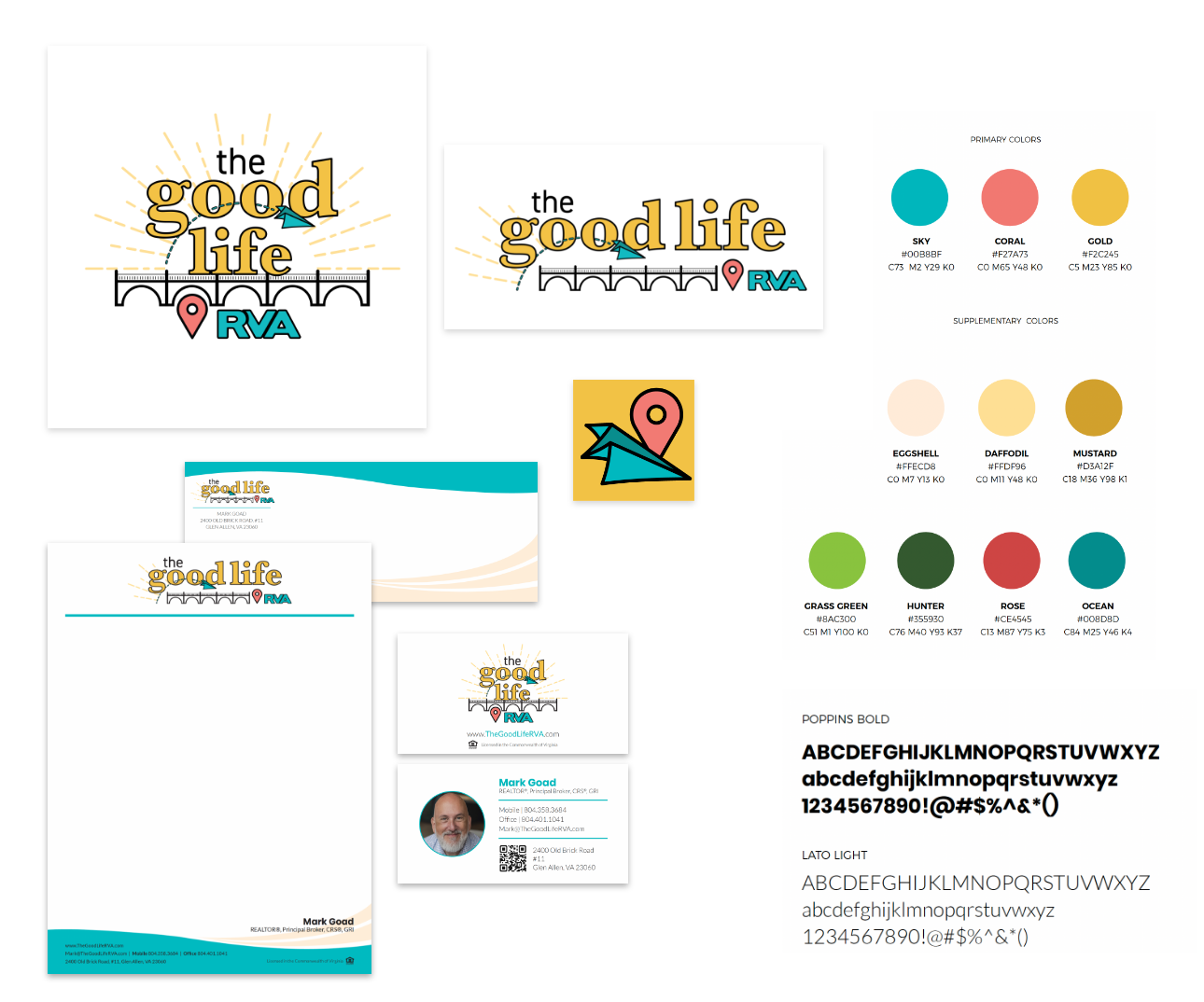 Examples of The Good Life RVA branding including the logo, letterhead, font selections, and color palette