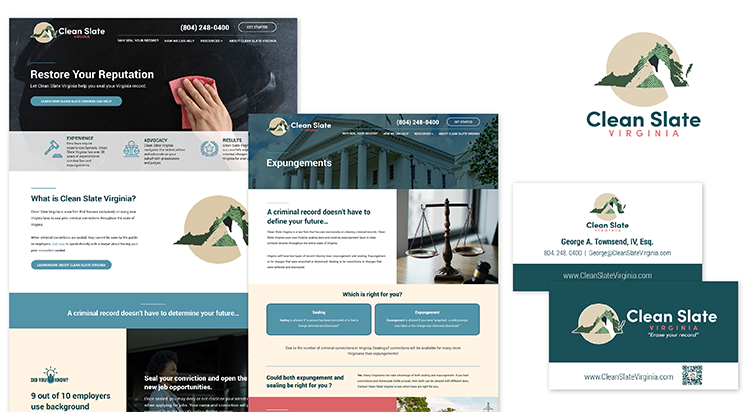 Examples of the Clean Slate Virginia website and branding with light blue and tan accents