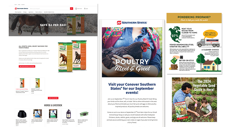 Examples of digital and print pieces for Southern States including a website, email, and infographic