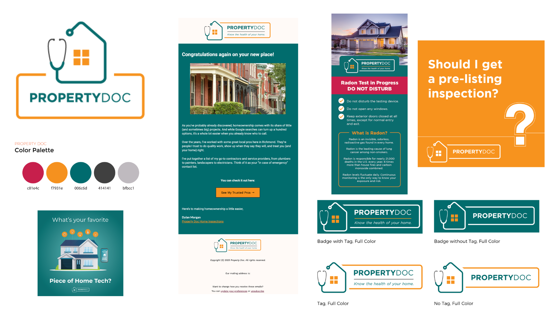 Examples of the brand design and content pieces for Property Doc including color palette, logo, and email designs