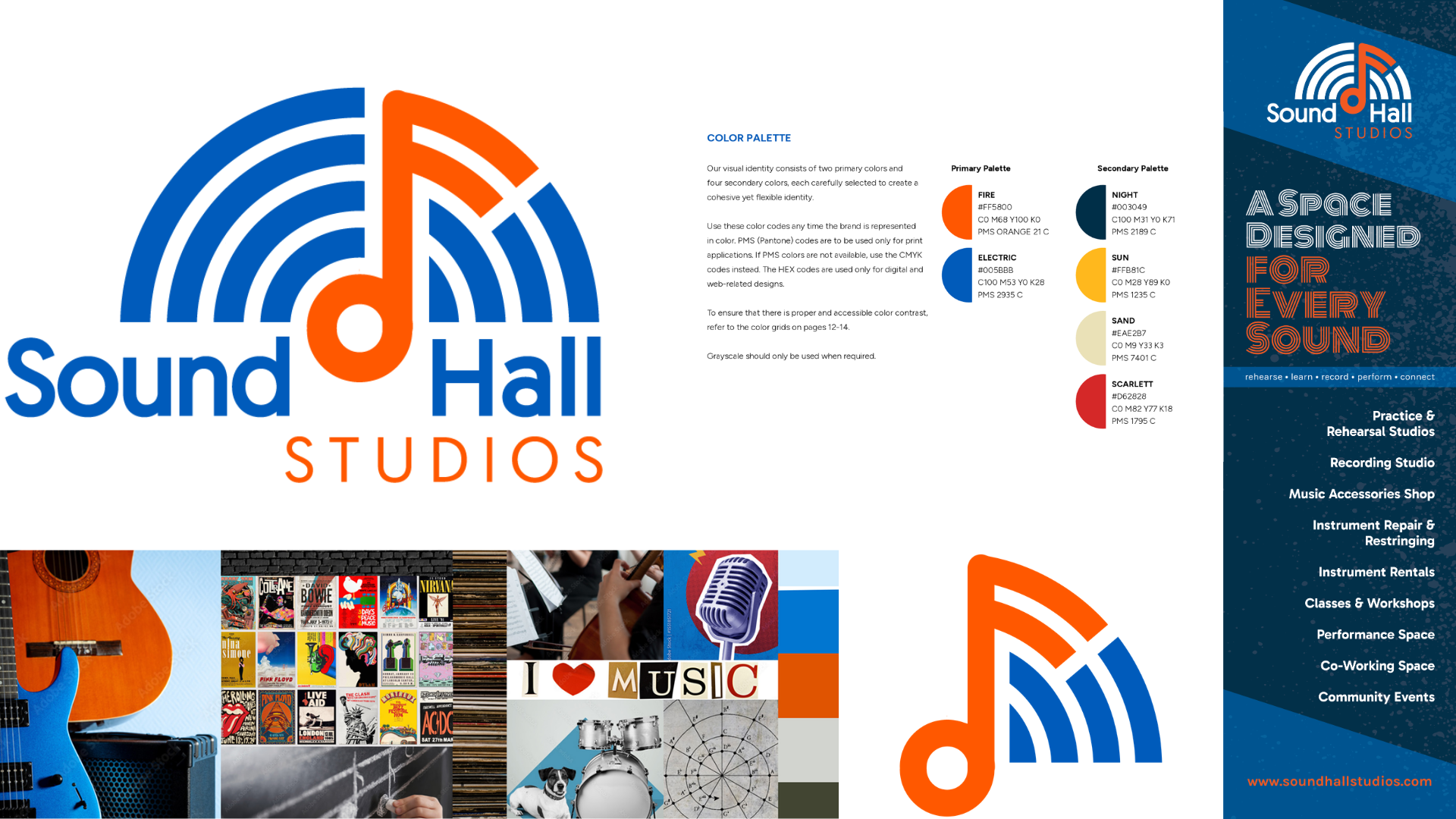 Sound Hall Studios logo, mood boards, color palette, and example of marketing materials