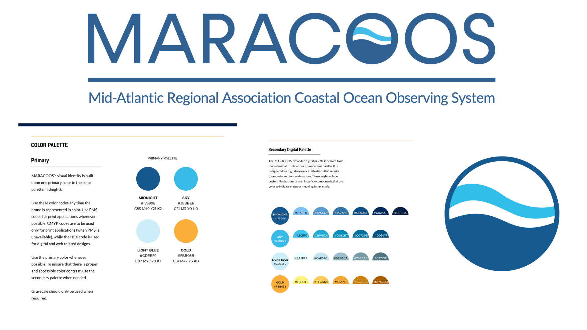 MARACOOS brand assets including logo, color palette, and typography examples