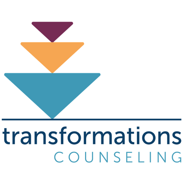 The Transformations Counseling logo with 3 stacked upside down triangles in burgundy, blue, and mustard