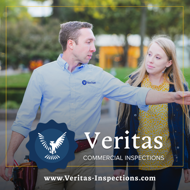 A photo of Dylan Morgan walking with a homeowner with the Veritas logo and website URL overlaid
