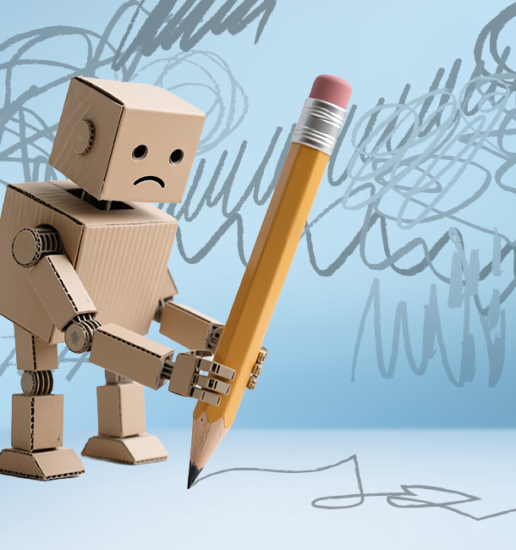 a sad-faced robot holding a large pencil scribbles on the floor