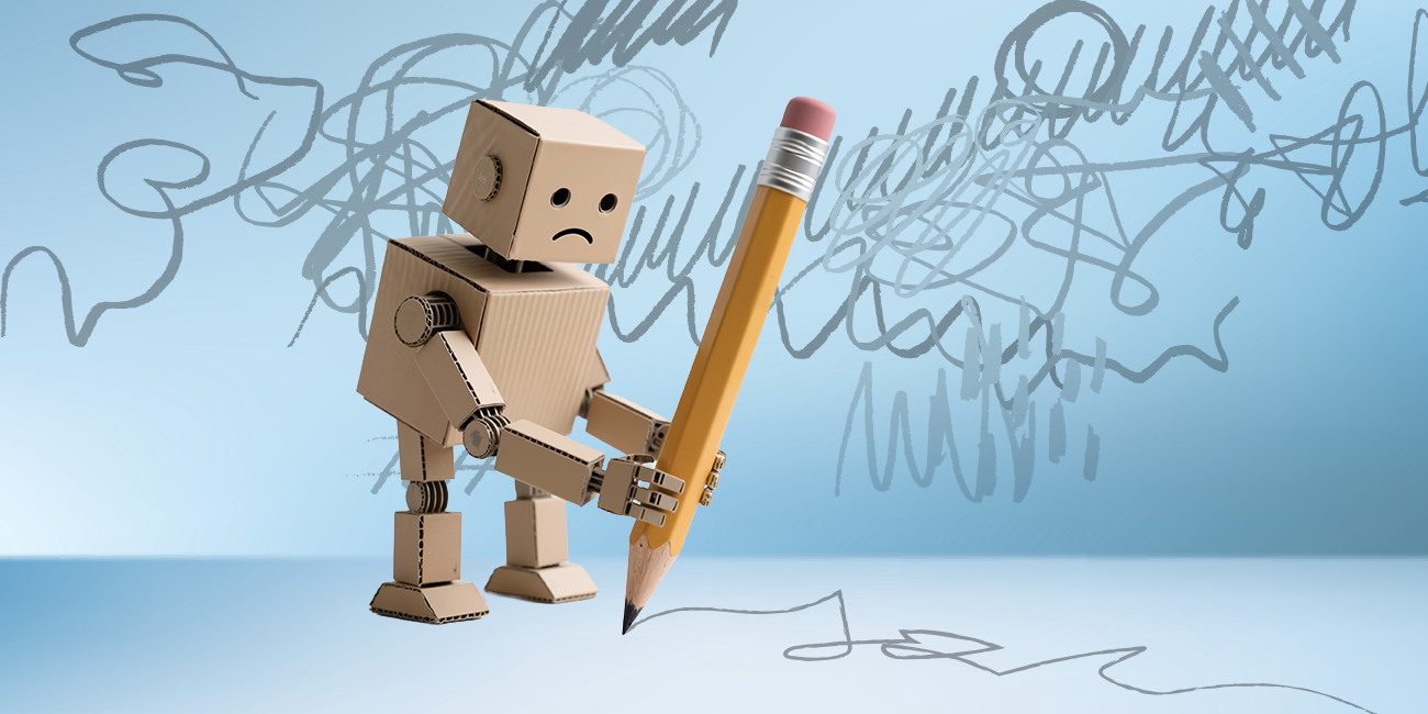 a sad-faced robot holding a large pencil scribbles on the floor