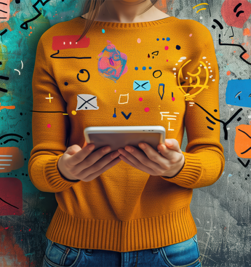 Person in a mustard sweater holding a tablet against a graffiti-style wall covered in colorful hand-drawn doodles and icons.