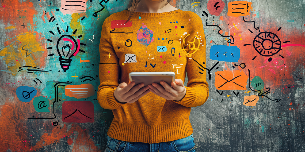 Person in a mustard sweater holding a tablet against a graffiti-style wall covered in colorful hand-drawn doodles and icons.